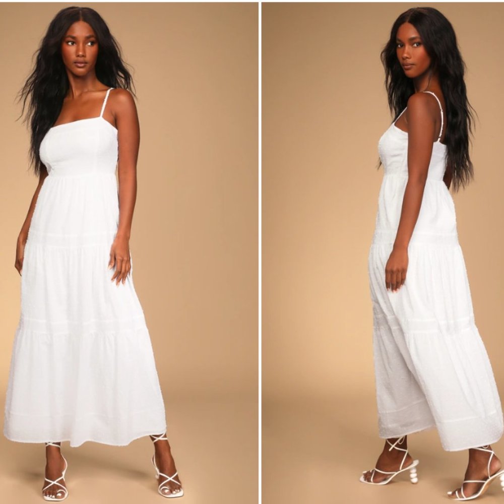 Lulu's Sunny Situation White Swiss Dot Tiered Maxi Dress